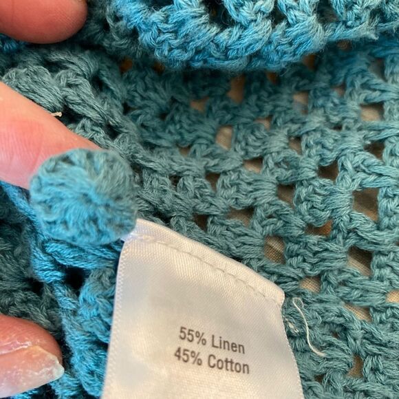 Norm Thompson linen blend crochet short sleeved one button sweater scalloped🌺 - Picture 7 of 8